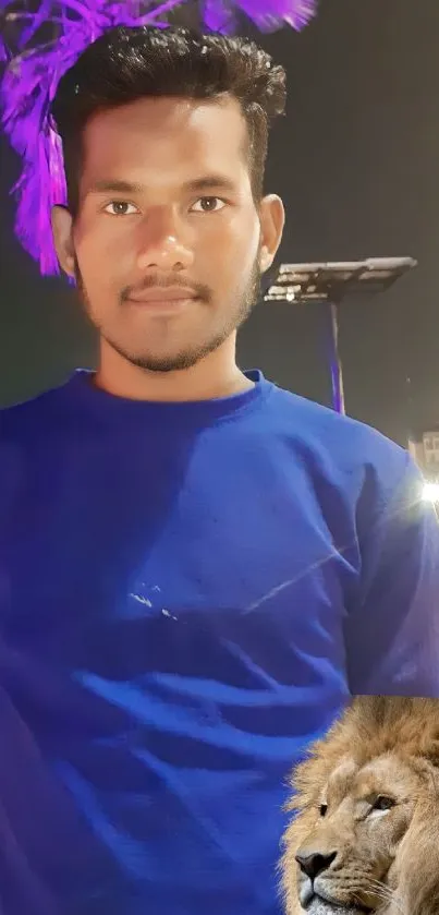 Man in blue shirt with lion backdrop, urban scene.