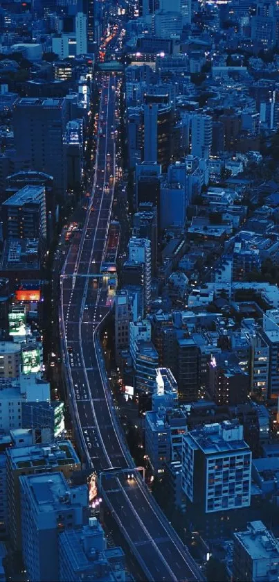 Aerial view of a city at night with illuminated streets and deep blue tones.