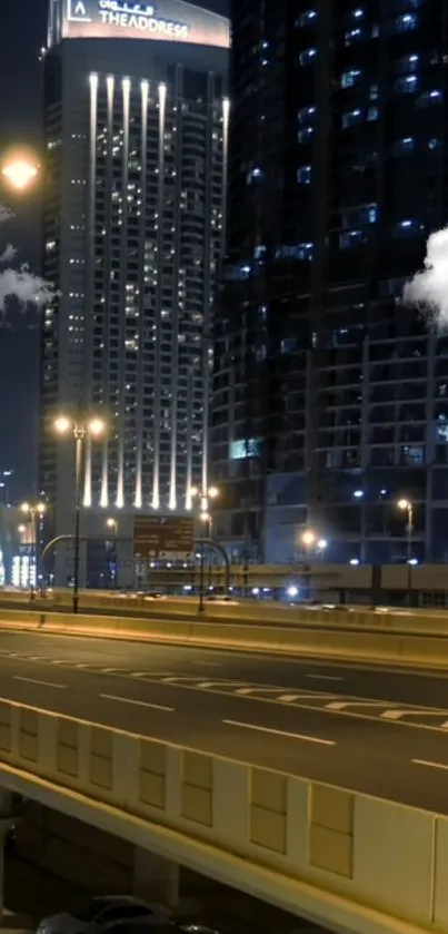 City nightscape with skyscrapers and streetlights under a cloudy sky.