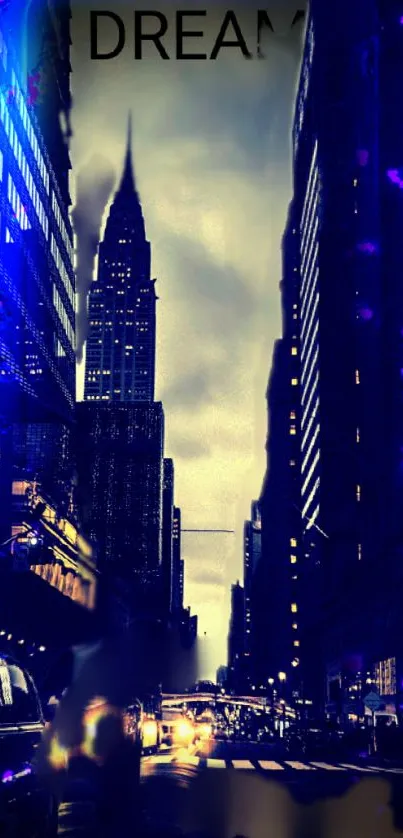 Nighttime urban skyline with glowing lights and skyscrapers.