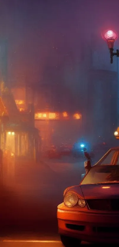 Futuristic urban nightscape with cars and neon lights.