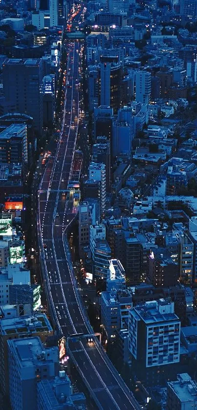 Aerial view of Tokyo cityscape at night with vibrant blue tones.