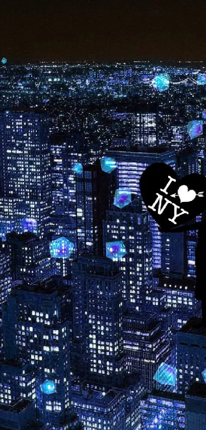 A vivid cityscape illuminated by bright lights at night.