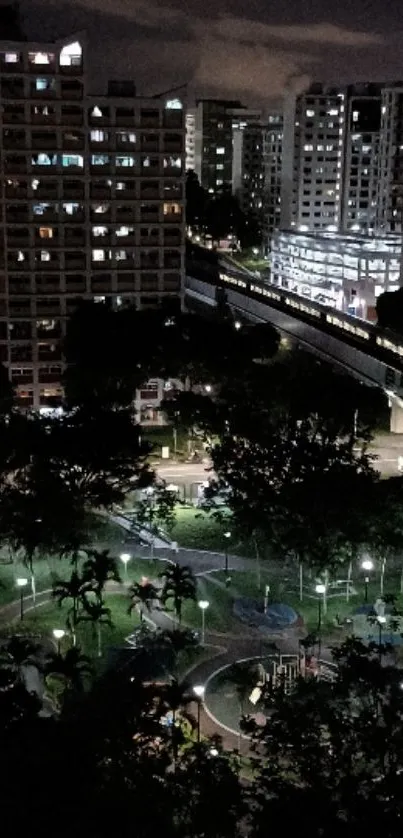 Urban cityscape at night with glowing lights and tall buildings.