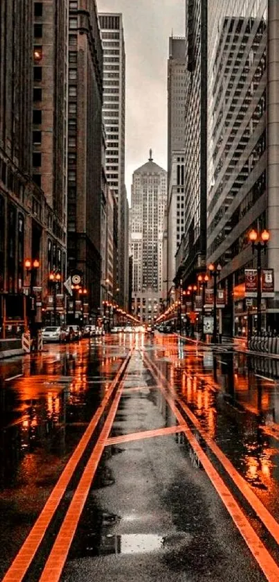 Urban night cityscape with wet reflective streets.