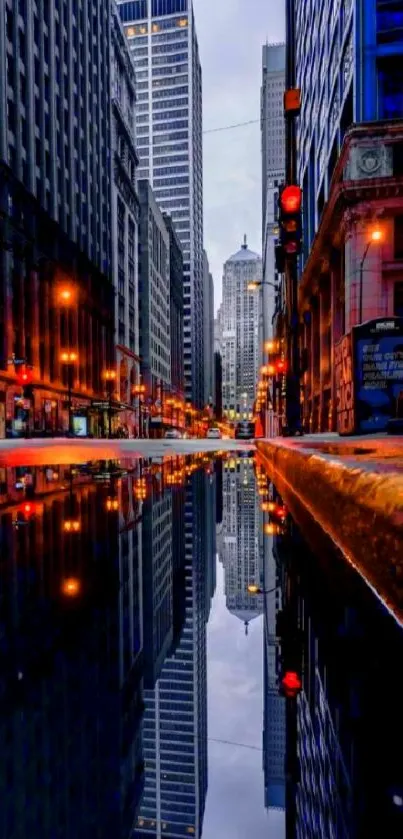 Urban street with building reflections in a night puddle scene.