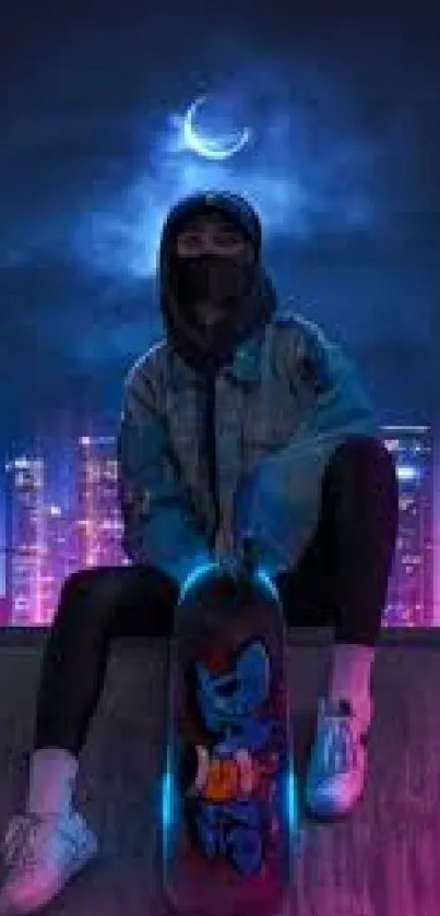 Hooded skater in urban night scene with glowing city backdrop and crescent moon.