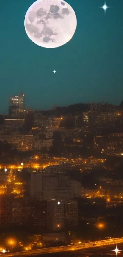 Full moon over city skyline at night with glowing lights.