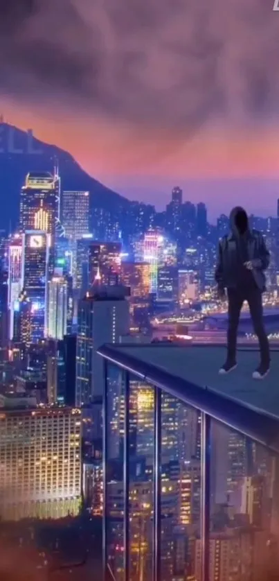 Lone figure overlooks a vibrant city skyline at night.