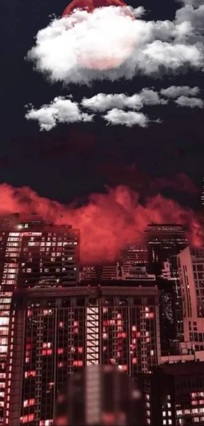 City skyscrapers with vibrant red clouds at night.