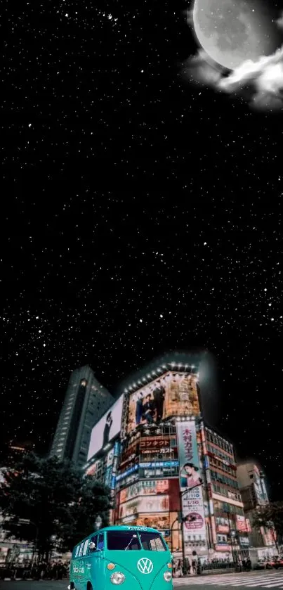 Cityscape with turquoise van under starry night sky and moon.