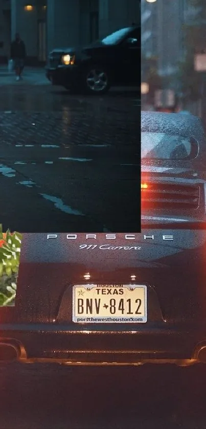 Owl perched over city car scene on rainy night