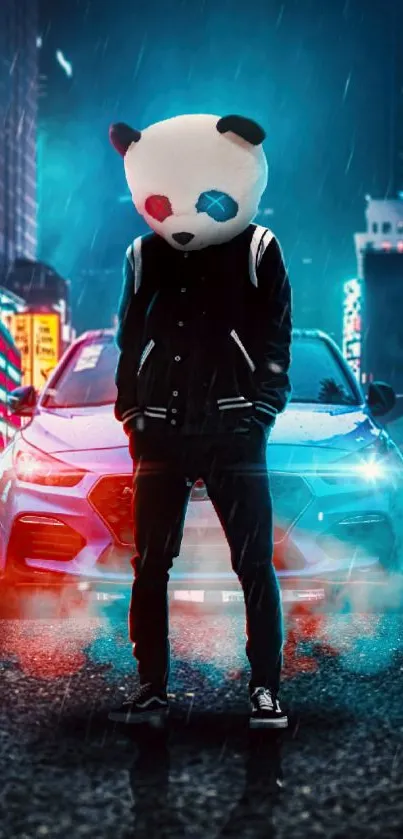 Masked panda stands in neon-lit urban street.