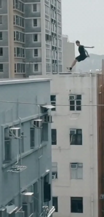 Parkour enthusiast leaping between urban rooftops.