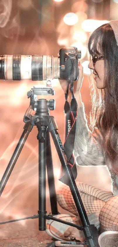 Young woman photographing at night on urban street with city lights.