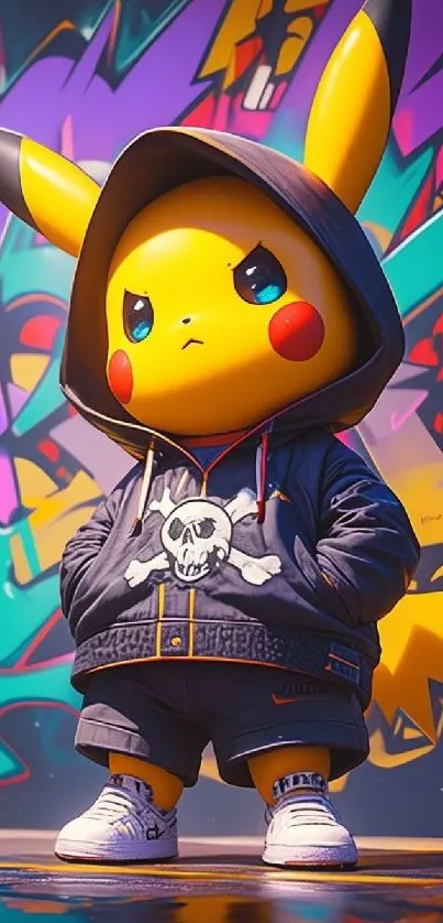 Pikachu in urban street style art with vibrant graffiti background.