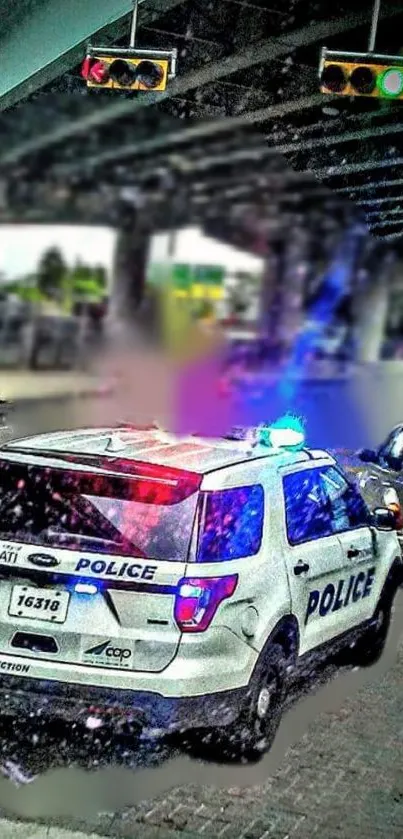 City police car with flashing lights under an overpass.