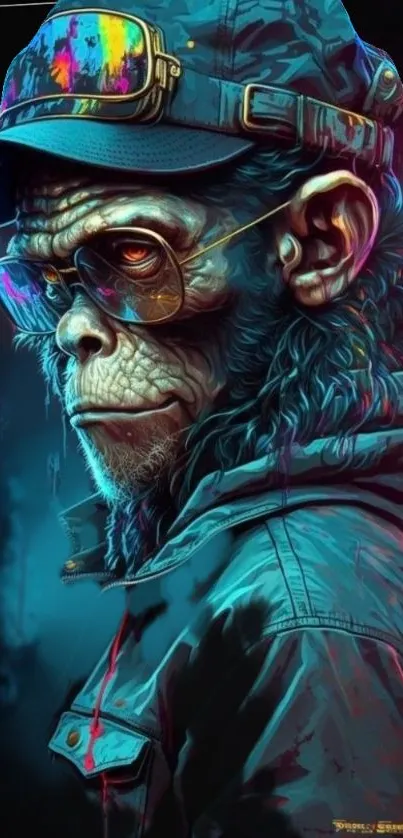 Stylish urban primate in neon urban style with reflective glasses.