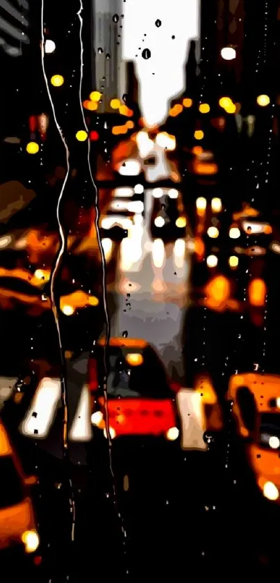 Blurry city lights seen through rainy window at night with focused water droplets.