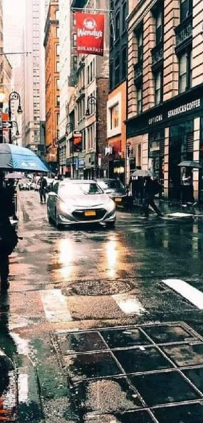 Rainy urban street with city lights reflecting on wet pavement.