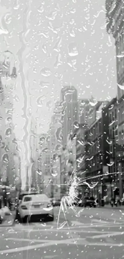 Black and white urban street with raindrops wallpaper.