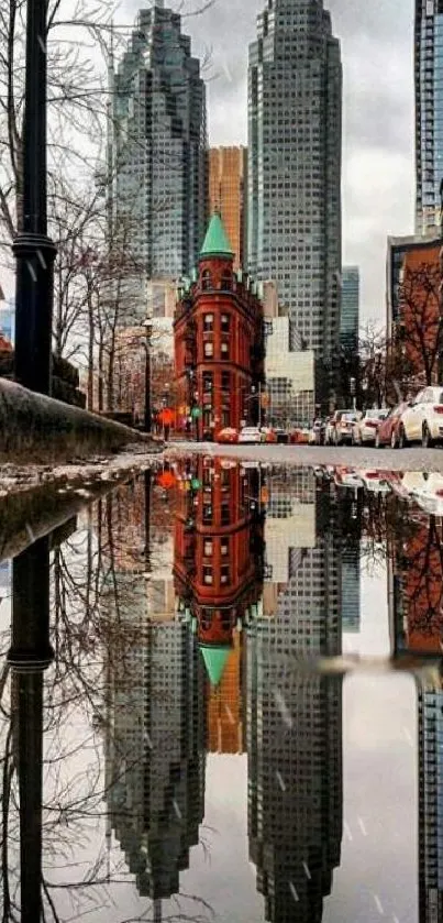 Cityscape with a perfect reflection showcasing modern architecture and skyscrapers.