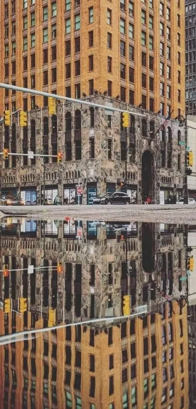 Urban skyscraper reflected in water with vibrant city colors.