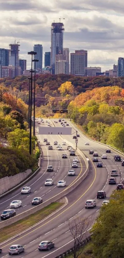 City highway under autumn skies with colorful foliage.