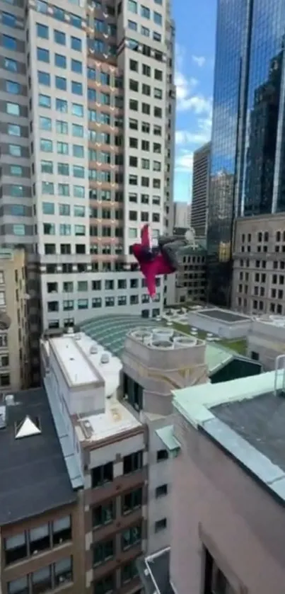 Fearless adventurer leaps across rooftops amidst urban skyscrapers.