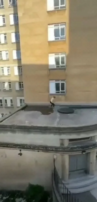 Dynamic view of a person on a city rooftop.