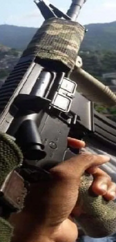 Soldier holding a rifle on a rooftop with a cityscape background.