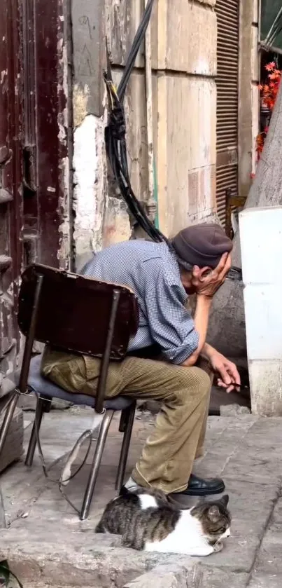 Man sitting on chair with cat on urban street corner.