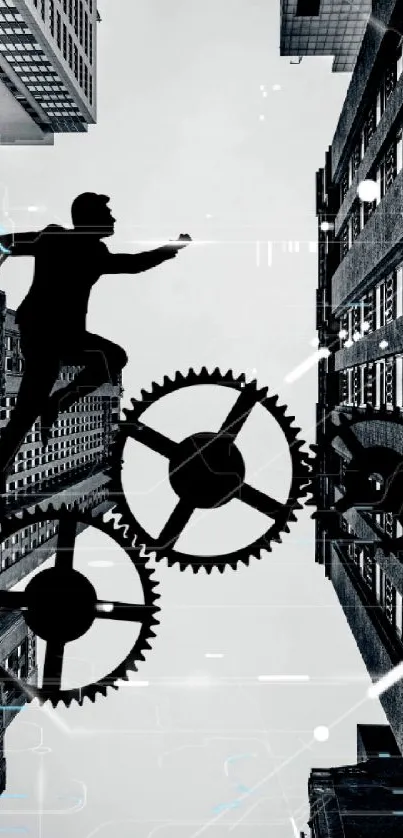 Silhouette of a person running on gears in a cityscape.