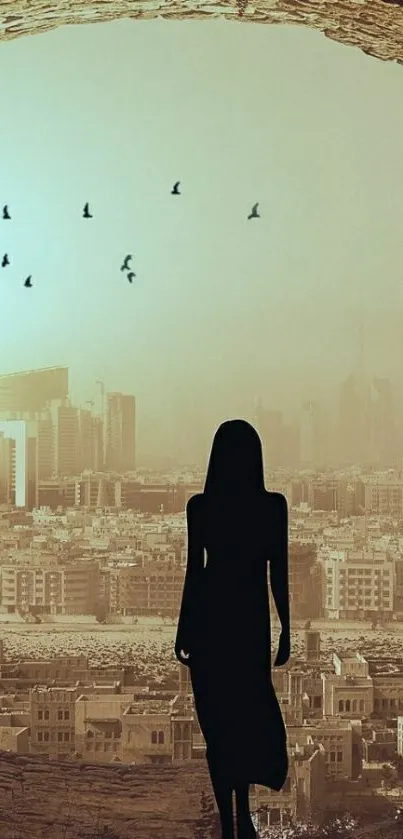 Silhouette of a woman in a cave overlooking a cityscape with birds in the sky.