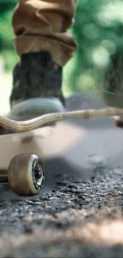 Skateboarder in motion on rough road in urban setting.