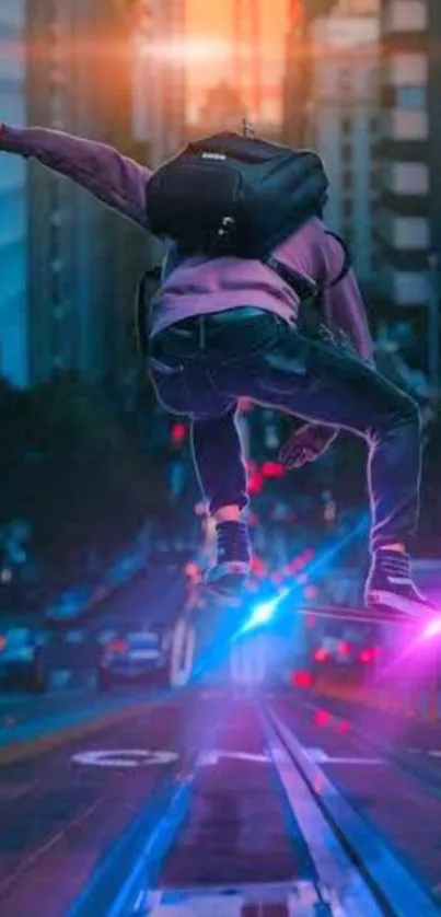 Skateboarder jumps in city street at sunset.