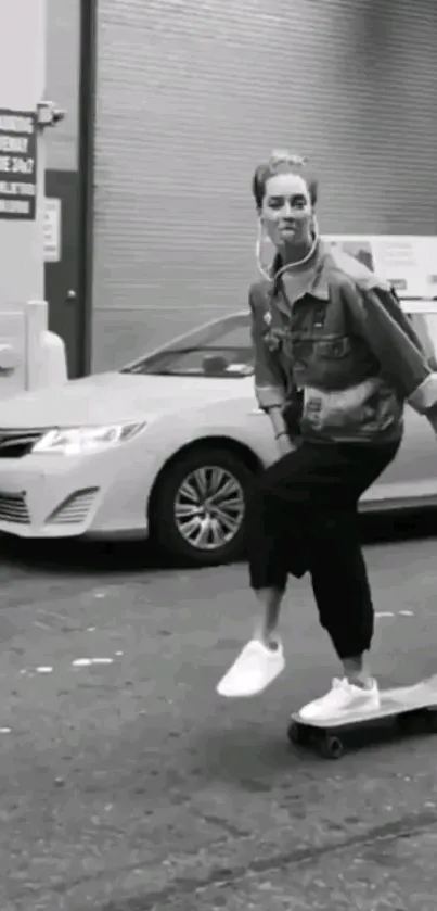 Monochrome image of a person skateboarding in an urban street setting.