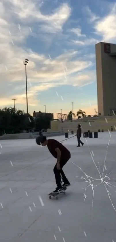 Dynamic skateboarder in an urban plaza under a beautiful sky.