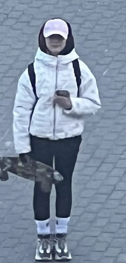 Person in white jacket with skateboard on city sidewalk.