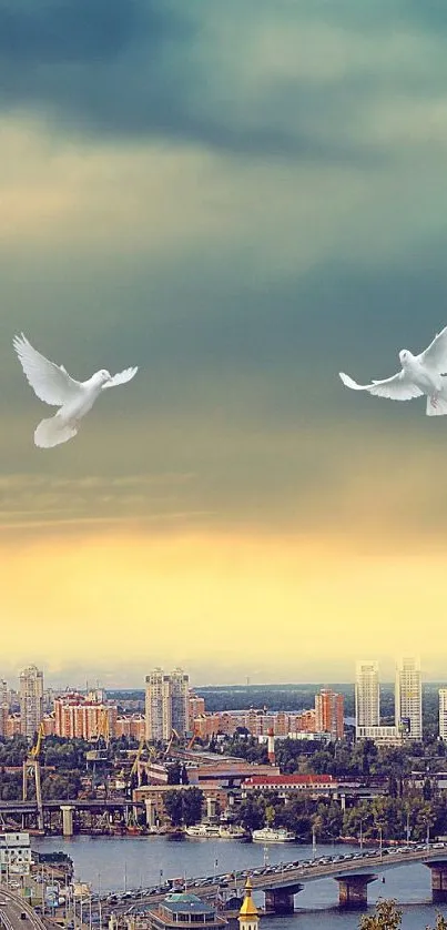 Two doves flying over a city skyline during sunset with a blue and yellow sky.