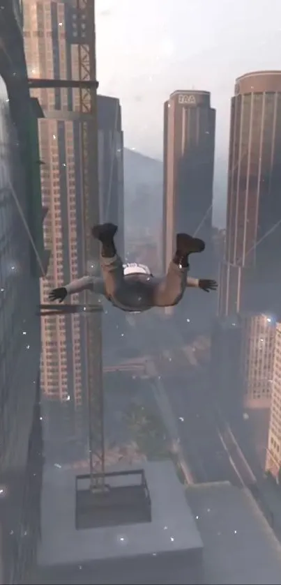 Skydiver diving between urban skyscrapers against a gray cityscape.