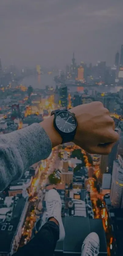 Forefront wristwatch overlooking urban skyline from above.