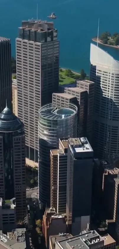 Aerial view of a vibrant cityscape featuring modern skyscrapers and a blue sky.