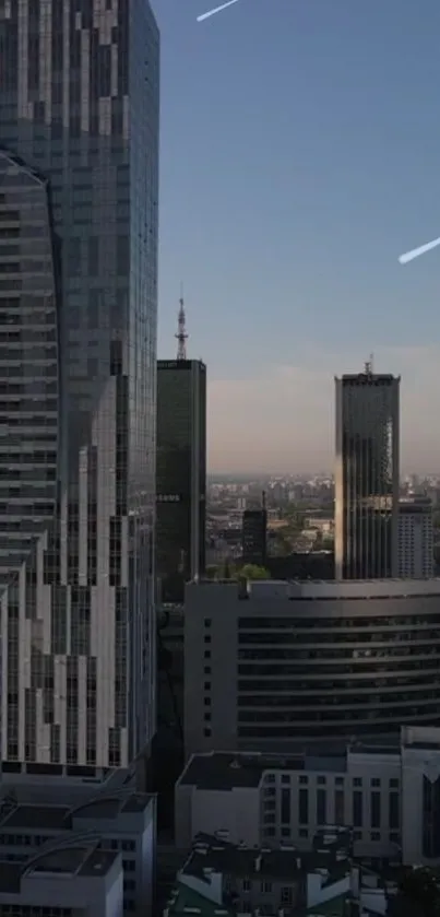 Urban skyline with skyscrapers against a dusky sky backdrop.