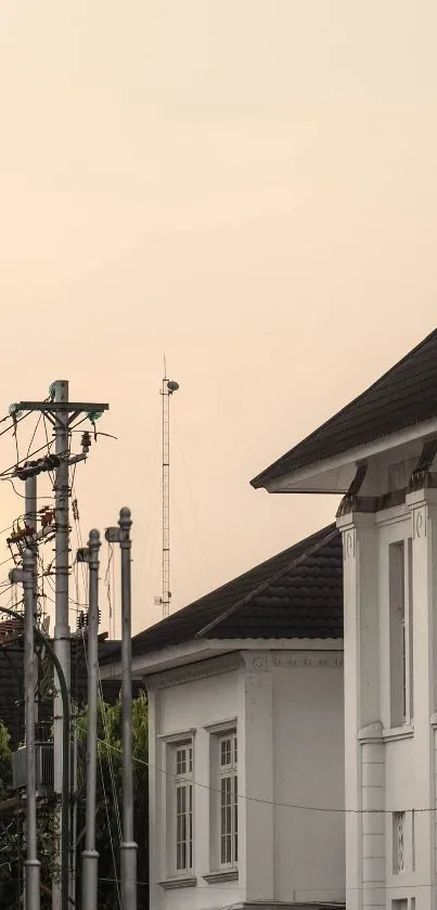 Serene urban skyline at dusk with rooftops silhouette and soft sky color.