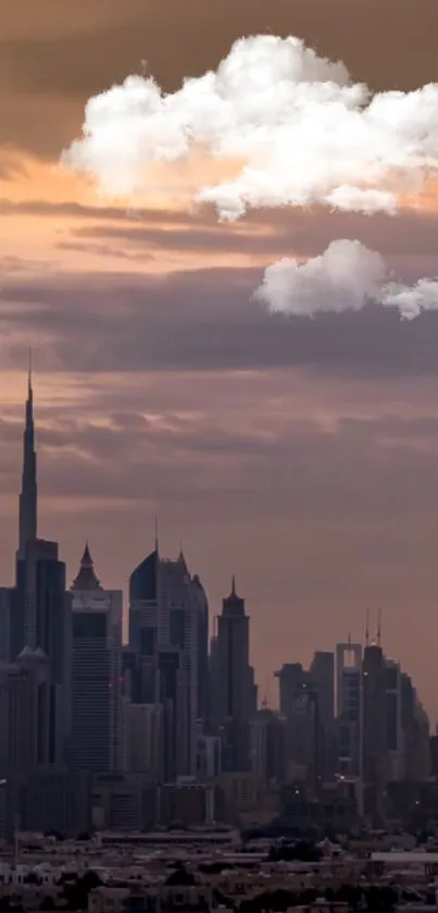 Urban skyline with skyscrapers at sunset.