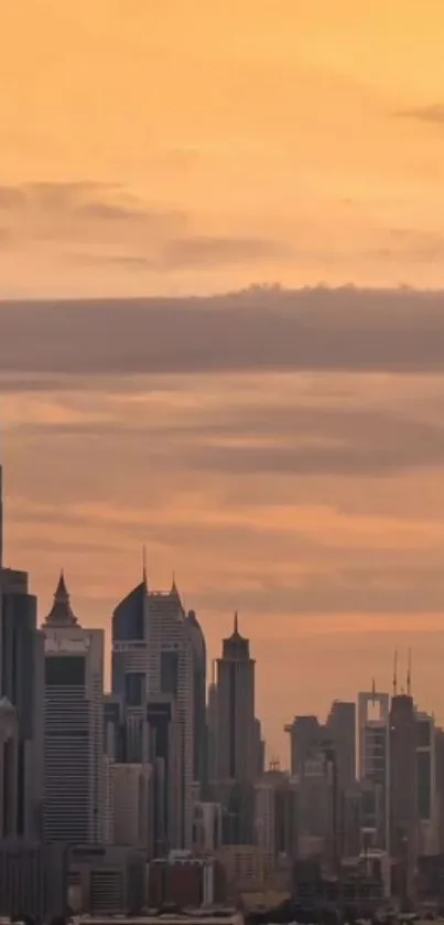 Vibrant orange city skyline at sunset with towering buildings.