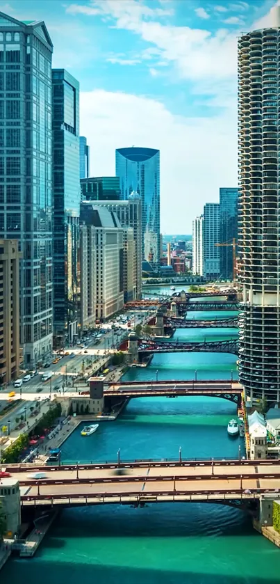 Chicago skyline with blue river and modern skyscrapers.