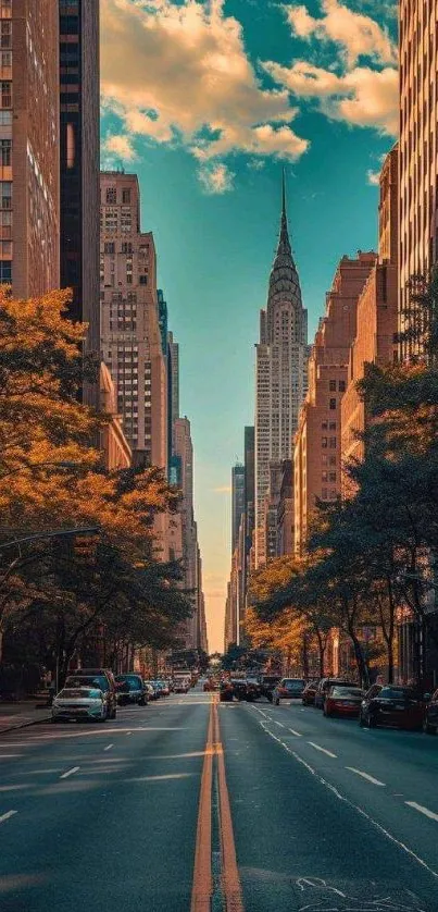 Urban cityscape with skyscrapers and autumn trees under a vibrant blue sky.