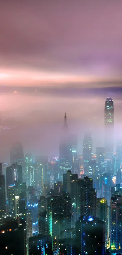 Foggy city skyline in neon lights creating a dreamy urban atmosphere.